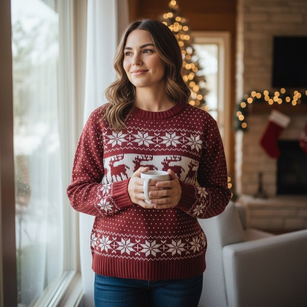 POL Maroon/Burgundy Red Reindeer Snowflake Fair Isle Sweater Sz L #216H